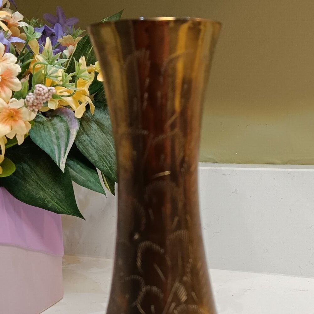 Vintage Etched Solid Brass Vase in a Floral Design 8" Tall